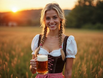 Blonde woman in dirndl holding beer