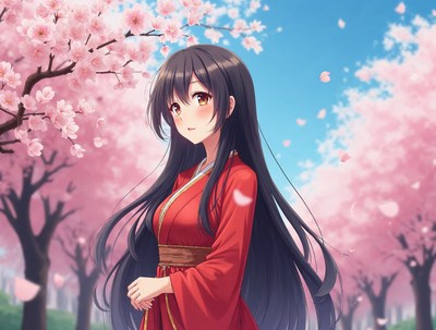 Anime girl in red kimono under cherry blossoms