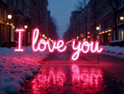 Pink I Love You Neon Sign in Snowy Street