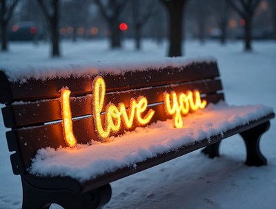 I Love You neon sign on snowy bench