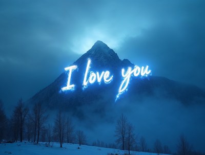I Love You Neon Over Snowy Mountain