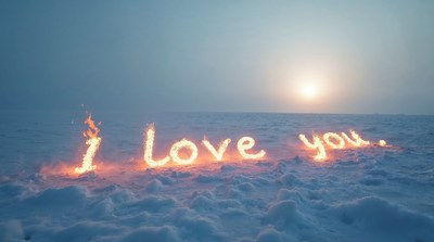 Fiery 'I Love You' in Snow at Sunset