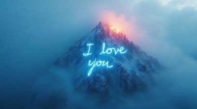 I Love You neon over snowy mountain
