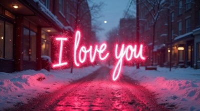I Love You neon sign in snowy street