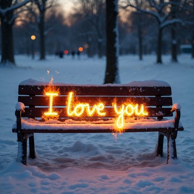 I Love You bench in snowy park