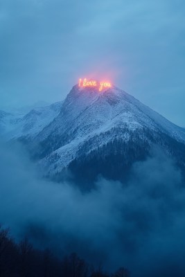 I Love You neon on snowy mountain