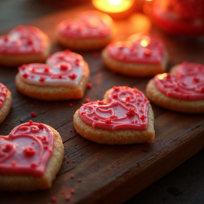 Heart-shaped cookies on wooden board