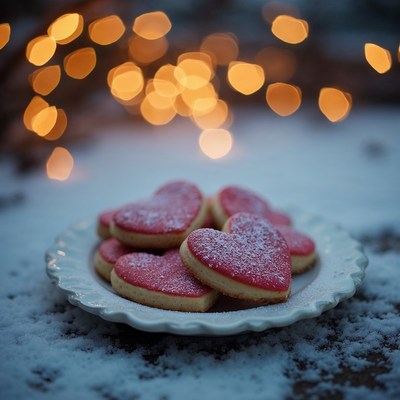 Heart-shaped cookies on snowy plate