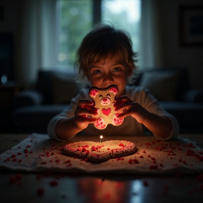 Boy holding teddy bear cookie with candle