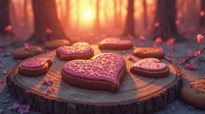 Pink heart cookies on wood in forest sunset