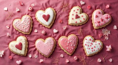 Heart-shaped cookies on pink fabric