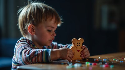 Boy playing with gingerbread man toy