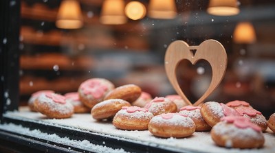 Pink Heart Donuts in Snowy Bakery Window