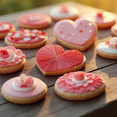 Heart-shaped pink cookies on wood