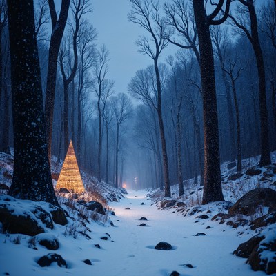 Lit Christmas Tree in Snowy Forest Path
