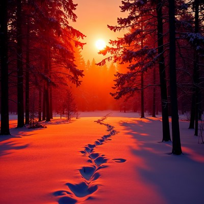 Snowy Path in Sunset Pine Forest