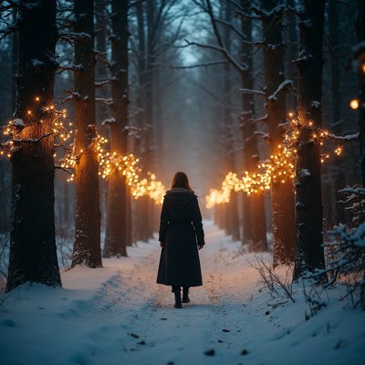 Woman walking snowy path with fairy lights