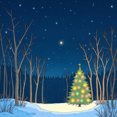 Christmas Tree in Snowy Forest Night