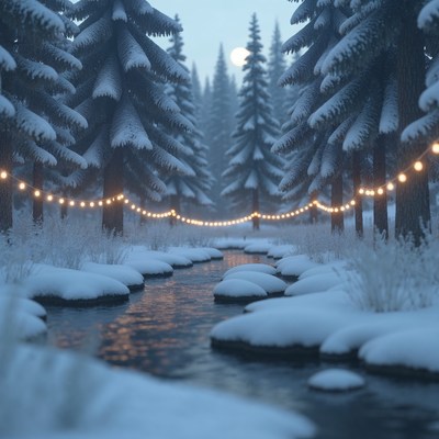Snowy Forest Path with Fairy Lights