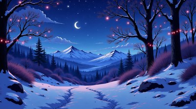 Snowy Mountain Path Under Starry Night Sky