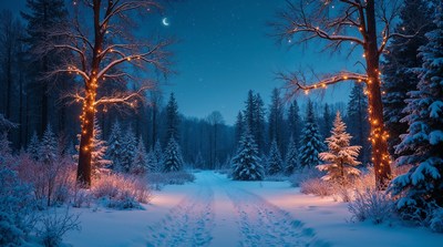 Snowy Forest Path with Lit Trees