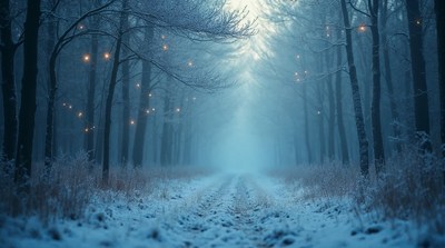 Snowy Forest Path with Fairy Lights