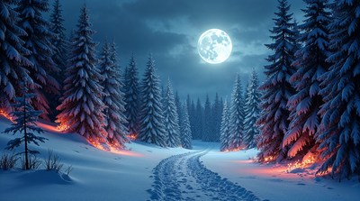 Snowy Forest Path Under Full Moon