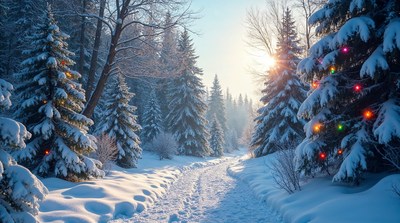 Snowy Christmas Forest Path with Lights