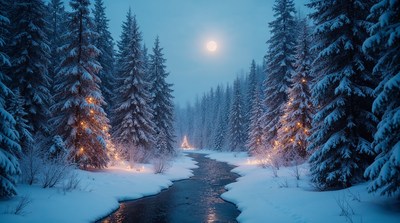 Snowy Forest Path with Lights and Moon