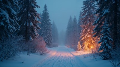 Snowy Path Through Foggy Forest with Lanterns