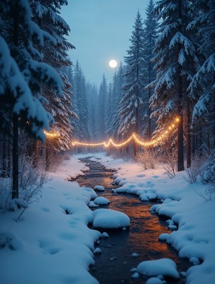 Snowy Forest Path with Fairy Lights