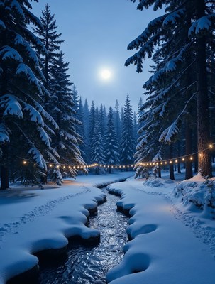 Snowy Forest Path with Fairy Lights