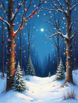 Snowy Forest Path with Christmas Lights