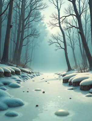 Snowy Path in Foggy Winter Forest