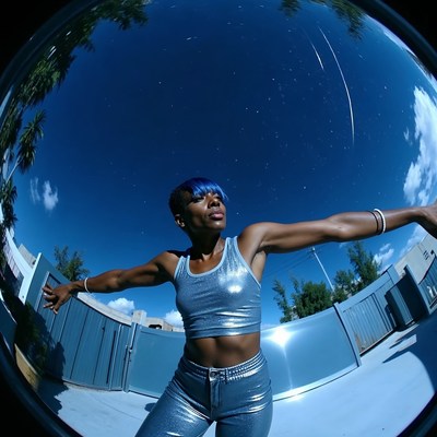 African-American woman in shiny blue outfit