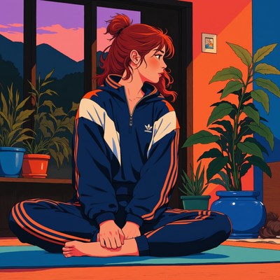 Redhead woman meditating in Adidas tracksuit