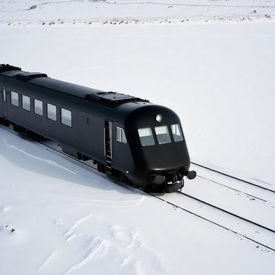 Black train on snowy tracks
