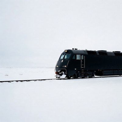 Black Locomotive on Snowy Tracks