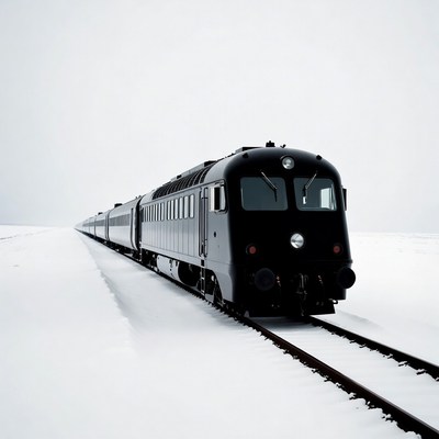 Black train on snowy tracks