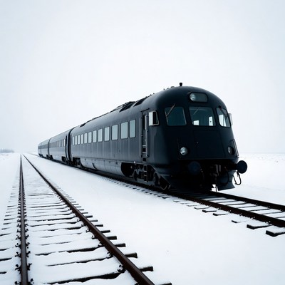 Black train on snowy tracks