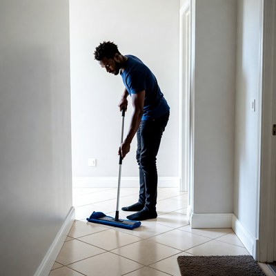 African-American man mopping hallway floor