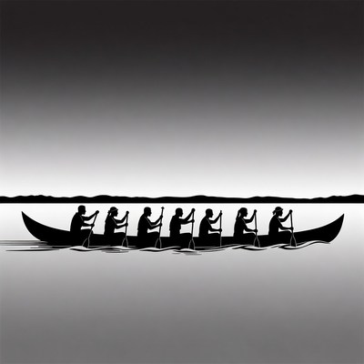 Silhouette of canoe rowers on water