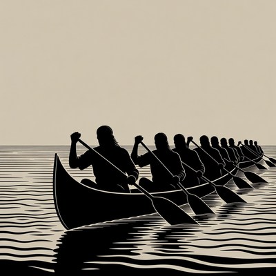 Men rowing canoe silhouette