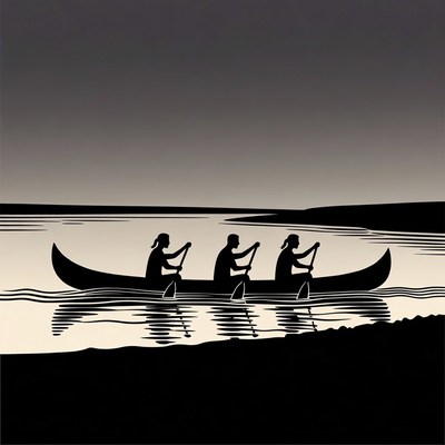 Three people paddling canoe silhouette