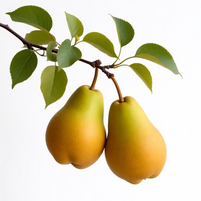 Two Ripe Pears Hanging on Branch