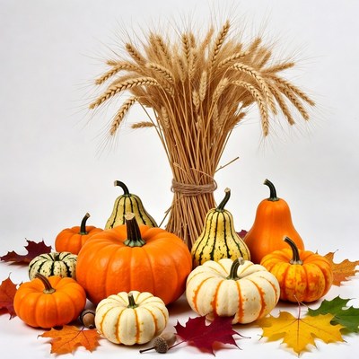 Autumn Pumpkins and Wheat Sheaf