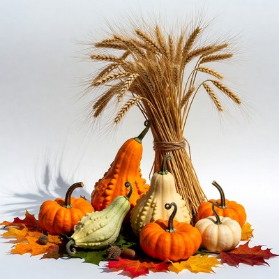 Autumn Pumpkins and Wheat Stalks
