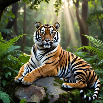Tiger lounging on rock in jungle