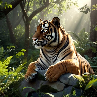 Tiger lounging on rock in jungle