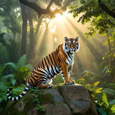 Tiger sitting on rock in jungle